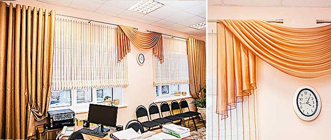 Римские шторы, перекид и портьеры на люверсах в офисе. Дизайн и пошив штор - "Антик"